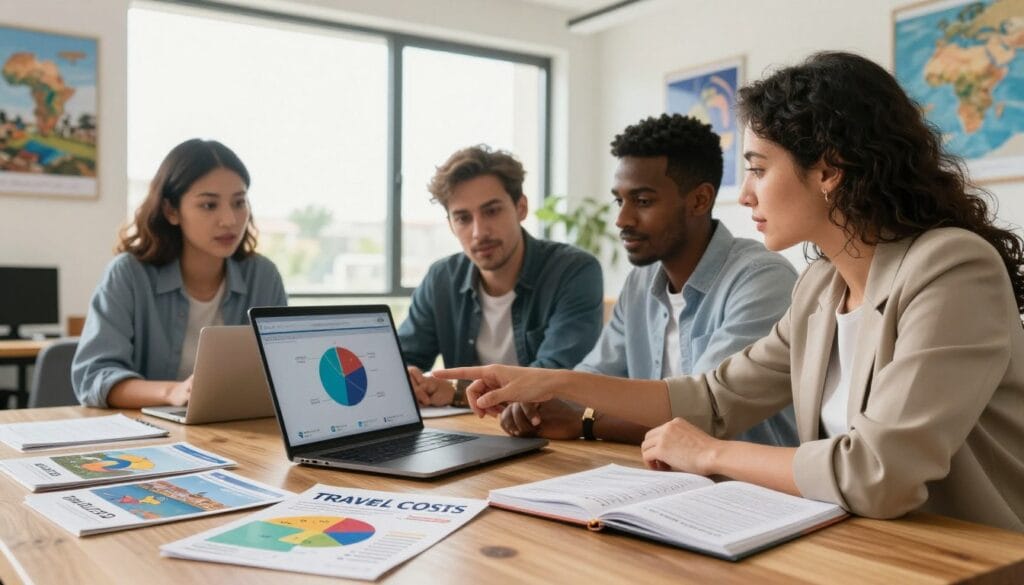 A professional and insightful scene depicting an analysis of travel costs in African countries, specifically for Egyptian travelers in 2026. In the foreground, a polished wooden table scattered with travel brochures, a laptop showing a pie chart of travel expenses, and an open notebook filled with notes and calculations. In the middle, a diverse group of three individuals dressed in business casual attire, engaged in a discussion, pointing at the laptop screen with expressions of concentration. The background features a large window with sunlight streaming in, highlighting a bright, modern office environment adorned with travel posters of African destinations. The mood conveys a blend of enthusiasm and professionalism. Use soft, natural lighting to enhance the experience. Include the brand name "jawazsafary" subtly integrated within the scene.