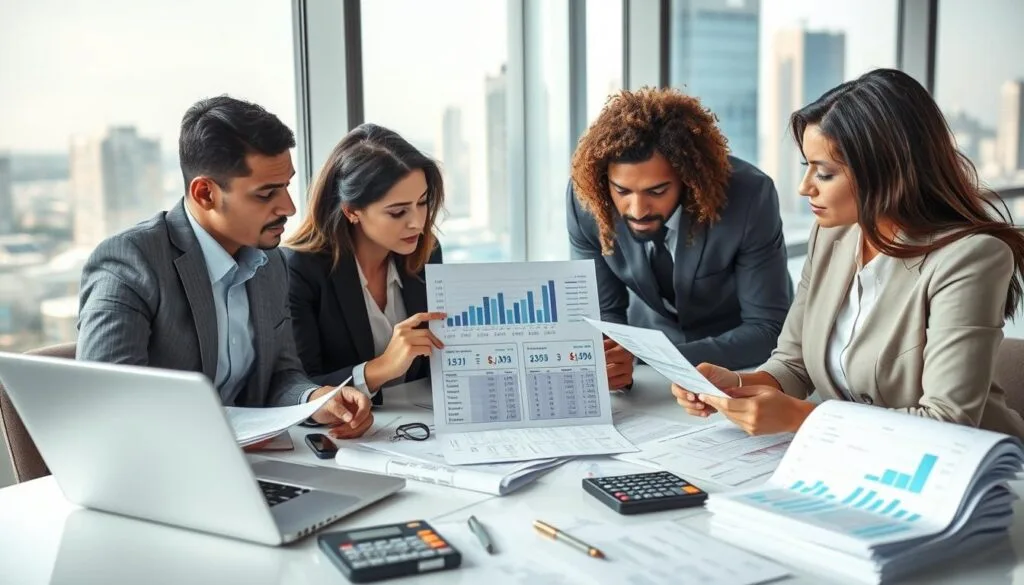 A professional and visually engaging depiction of common mistakes in financial statements, specifically focusing on bank account discrepancies related to travel planning. In the foreground, a diverse group of three professionals in business attire are gathered around a table with documents spread out. One individual appears puzzled, pointing at a mismatch in the figures. In the middle ground, there are stacks of papers, a calculator, and a laptop displaying charts and figures related to the topic. The background includes a well-lit, modern office setting with large windows and a cityscape view. Soft, natural lighting creates a focused atmosphere, conveying the seriousness of financial accuracy. Incorporate the brand name "jawazsafary" subtly in the design elements.