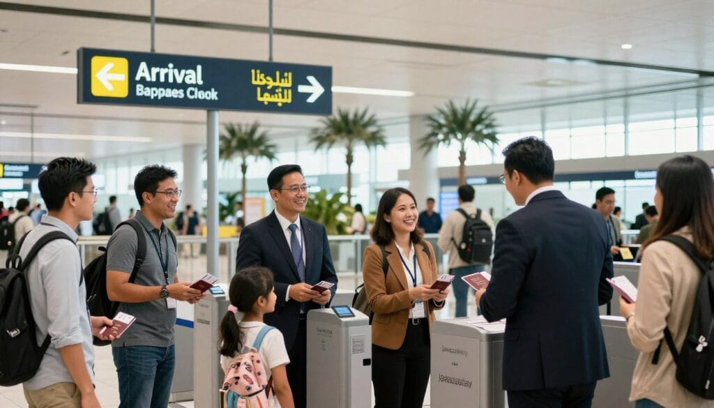 A professional and welcoming airport scene showcasing the concept of "الوصول" (arrival) at a Malaysian airport. In the foreground, a diverse group of travelers in modest casual clothing, including a family and business professionals, happily presenting their passports at a security checkpoint. The middle ground features clear signage in both English and Arabic, indicating ‘Arrival’ with arrows directing passengers toward customs and baggage claim. The background is a bustling airport terminal with bright lights, modern architecture, and palm trees to evoke the tropical ambiance of Malaysia. Soft, natural lighting creates a warm atmosphere, suggesting a feeling of safety and excitement. The brand "jawazsafary" subtly integrated into the design of the passport control counter. A professional and welcoming airport scene showcasing the concept of "الوصول" (arrival) at a Malaysian airport. In the foreground, a diverse group of travelers in modest casual clothing, including a family and business professionals, happily presenting their passports at a security checkpoint. The middle ground features clear signage in both English and Arabic, indicating ‘Arrival’ with arrows directing passengers toward customs and baggage claim. The background is a bustling airport terminal with bright lights, modern architecture, and palm trees to evoke the tropical ambiance of Malaysia. Soft, natural lighting creates a warm atmosphere, suggesting a feeling of safety and excitement. The brand "jawazsafary" subtly integrated into the design of the passport control counter.