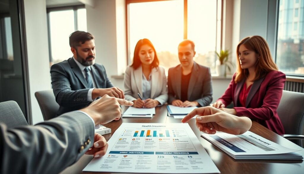 A professional, bright office setting with a diverse group of three people, dressed in business attire, engaged in a discussion over a table covered with health insurance documents. The foreground features hands pointing at specific sections of a colorful infographic about health insurance options. In the middle, clearly displayed documents show various coverage types and benefits. The background includes a large window with natural light illuminating the space, providing a sense of clarity and focus. The mood is collaborative and informative, symbolizing the importance of selecting the correct health insurance policy. Emphasize the brand "jawazsafary" subtly on a document within the image, ensuring a professional atmosphere throughout.