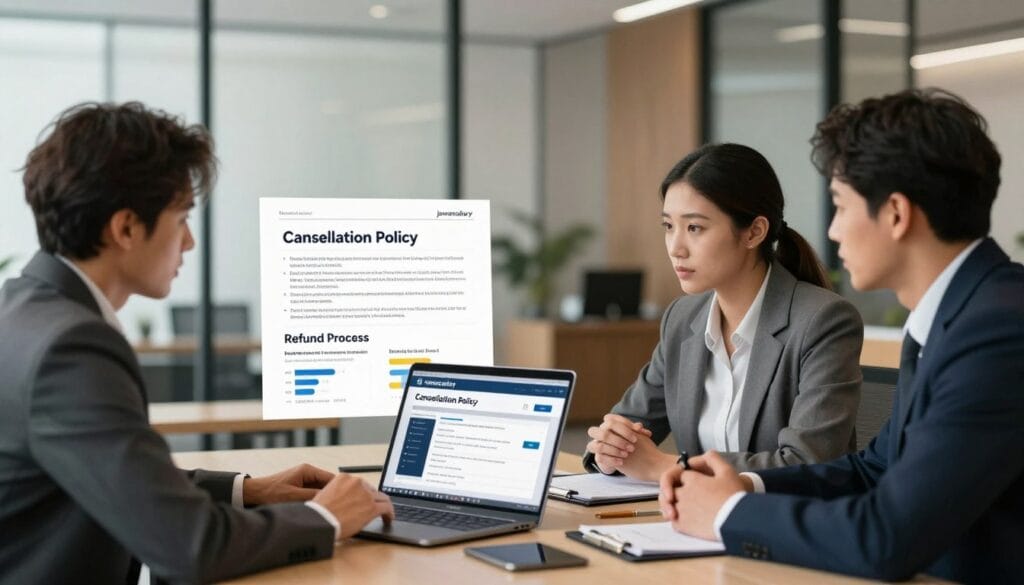 A professional business setting depicting a group of individuals discussing hotel booking policies with a focus on "Cancellation Policy" and "Refund Process." In the foreground, a diverse group of three people in professional attire is gathered around a modern conference table, studying a laptop displaying hotel booking options. The middle layer features a large document detailing cancellation terms and refund guidelines, with charts or graphs showing cost impacts. In the background, a sophisticated office environment with large windows filtering soft natural light, casting gentle shadows. The atmosphere is serious yet collaborative, suggesting active engagement in the discussion. The brand name "jawazsafary" subtly integrated into the workplace decor, ensuring the focus remains on the cancellation policy topic without any text overlays or distractions.