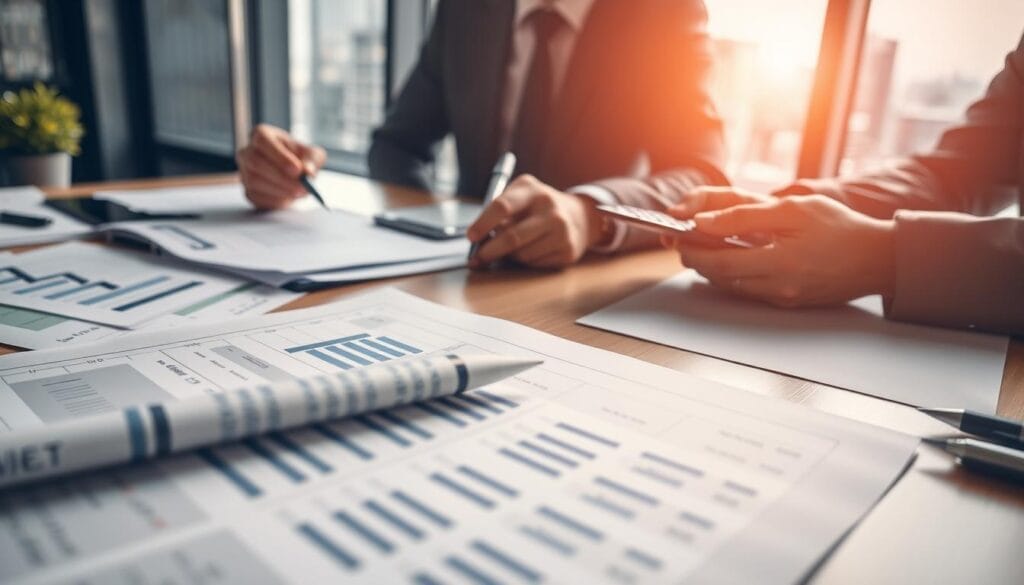 A professional business setting featuring a neatly organized desk with various financial documents laid out. In the foreground, there's a close-up of a detailed financial statement, with graphs and tables clearly visible, symbolizing “المستندات المالية الداعمة”. The middle ground shows a pair of hands, one holding a pen while the other points to a calculator, both dressed in smart business attire, indicating careful analysis. In the background, a softly lit window reveals a cityscape, suggesting a vibrant financial district. The lighting is warm and inviting, creating a serious yet optimistic atmosphere. Emphasize clarity and professionalism in the scene, with focus on the documents and business tools. Include the brand name "jawazsafary" subtly integrated into the design.