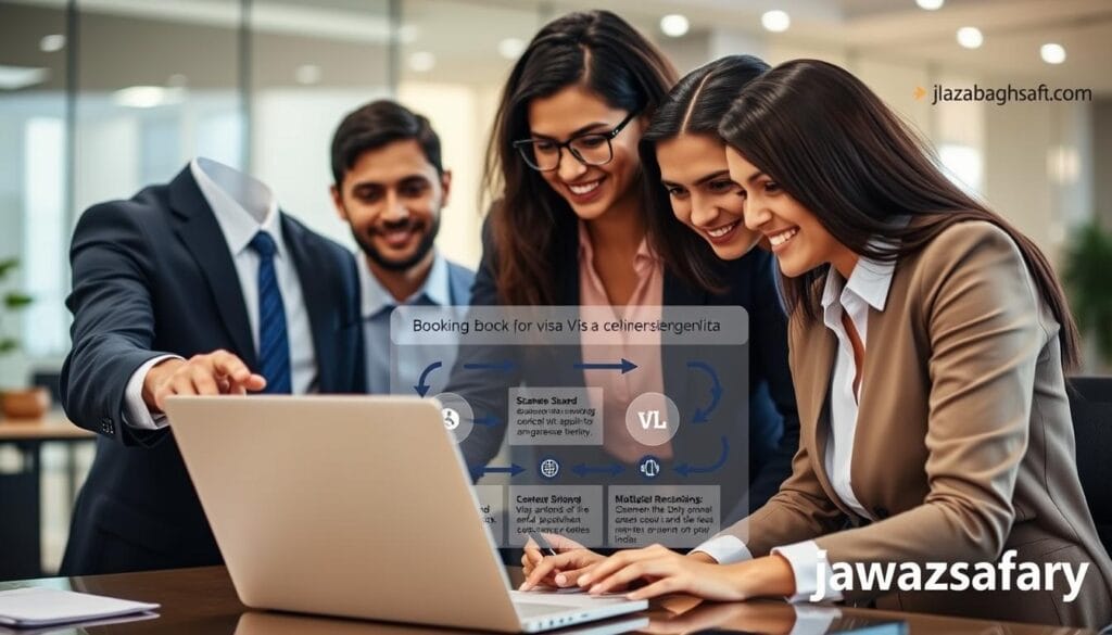 A professional business setting illustrating the steps to book a Schengen visa through VFS/TLS. In the foreground, a diverse group of three individuals in business attire are gathered around a laptop, appearing focused and engaged in the process. One person points at the screen while another takes notes, portraying collaboration. In the middle, an infographic-style visual of the booking steps is subtly displayed, with arrows and icons illustrating each step in the visa application process. The background shows an office environment with soft, natural lighting, creating a warm and inviting atmosphere. The overall mood conveys a sense of professionalism and determination. Include a logo in the corner for "jawazsafary," ensuring a sleek and polished look for the image.