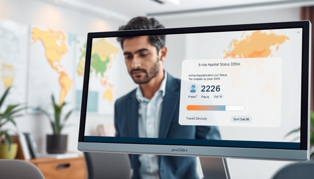 A professional, detailed illustration focused on an eVisa application status check for Sri Lanka in 2026. In the foreground, a modern computer screen displays a user-friendly interface showing the status of an eVisa application, with visible icons and a progress bar. In the middle ground, a well-dressed individual, a professional man or woman, peers at the screen attentively, dressed in a smart blazer or modest casual clothing, emphasizing a sense of professionalism and curiosity. The background features a soft-focus image of a travel-related environment, perhaps a stylish office with a map of Sri Lanka on the wall. Bright, natural lighting from a nearby window creates an inviting atmosphere. The overall mood is focused and optimistic, evoking a sense of excitement about travel. The brand name "jawazsafary" subtly integrated into the design elements of the screen.