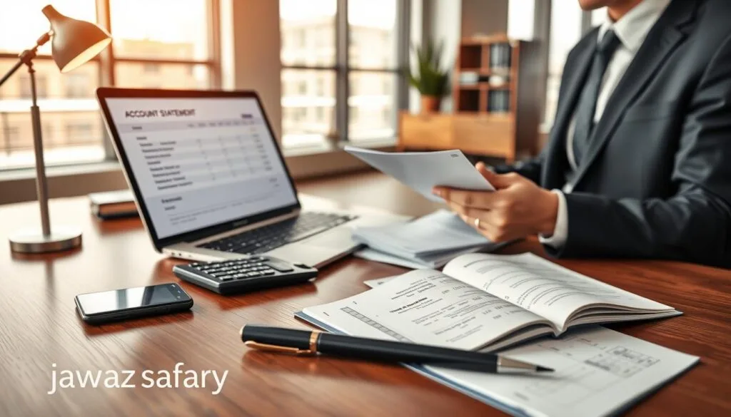 A professional, detailed setting showcasing the concept of "مدة كشف الحساب" related to financial documentation. In the foreground, a meticulous accountant wearing smart business attire reviews a stack of documents and a laptop displaying a digital account statement. The middle layer features an elegant wooden desk adorned with office supplies like a calculator, a stylish pen, and an open notebook with financial calculations. The background includes a soft-focus view of a modern office environment with large windows allowing natural light to pour in, casting warm tones throughout. The overall atmosphere is one of diligence and professionalism, symbolizing clarity in financial affairs. Capture this scene with a medium shot, using a neutral color palette to enhance the sense of seriousness and importance. The brand "jawazsafary" subtly integrated into the design without being overt.