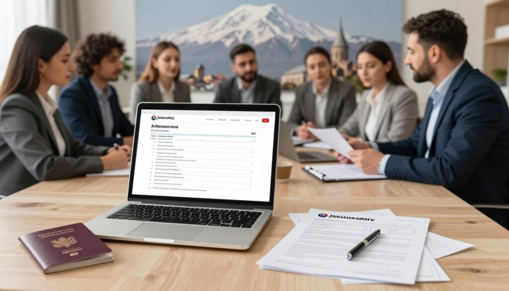A professional guide to obtaining an Armenian visa, featuring an illustrated checklist of steps. In the foreground, a well-organized desk with a laptop displaying the jawazsafary logo, an open passport, and essential documents like application forms. The middle ground showcases a diverse group of individuals, professionally dressed, engaged in discussion and reviewing visa requirements. In the background, a soft-focus image of landmarks from Armenia, such as the stunning Ararat Mountain and traditional architecture. The scene is bathed in warm, inviting light, suggesting an optimistic atmosphere. The camera angle is slightly elevated, providing a comprehensive view of the workspace and participants, enhancing the feeling of professionalism and preparation.