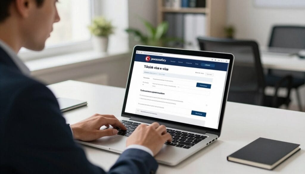 A professional individual, dressed in smart business attire, sits at a modern desk in a well-lit office space, intently working on a laptop displaying the Turkish e-visa application webpage. The foreground showcases the person's focused expression and hands poised over the keyboard. In the middle, a clear view of the laptop screen shows an easy-to-navigate interface filled with forms and options relevant to the Turkish visa application process. The background features a stylish office with soft natural light streaming through a window, plants adding a touch of green, and an organized workspace. The mood is one of efficiency and determination. The brand name "jawazsafary" subtly integrated into the office decor, emphasizing the theme of online applications for the Turkish visa.