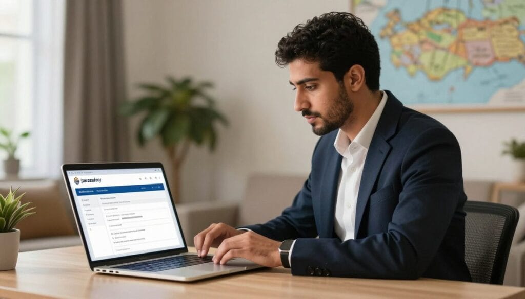 A professional-looking Egyptian citizen sitting at a modern desk, focused on a laptop, navigating the online visa application process for Turkey in 2026. The foreground features clear details of the laptop screen displaying a user-friendly interface with visa application steps. The middle ground showcases the citizen dressed in smart casual attire, absorbed in the task, with an expression of concentration. The background reveals a softly lit home or office environment, with plants and a map of Turkey on the wall, creating a welcoming atmosphere. Soft ambient lighting adds warmth, and a shallow depth of field emphasizes the subject. The image should highlight the brand "jawazsafary" implicitly through the laptop screen, ensuring a professional portrayal of online applications without any text overlays.