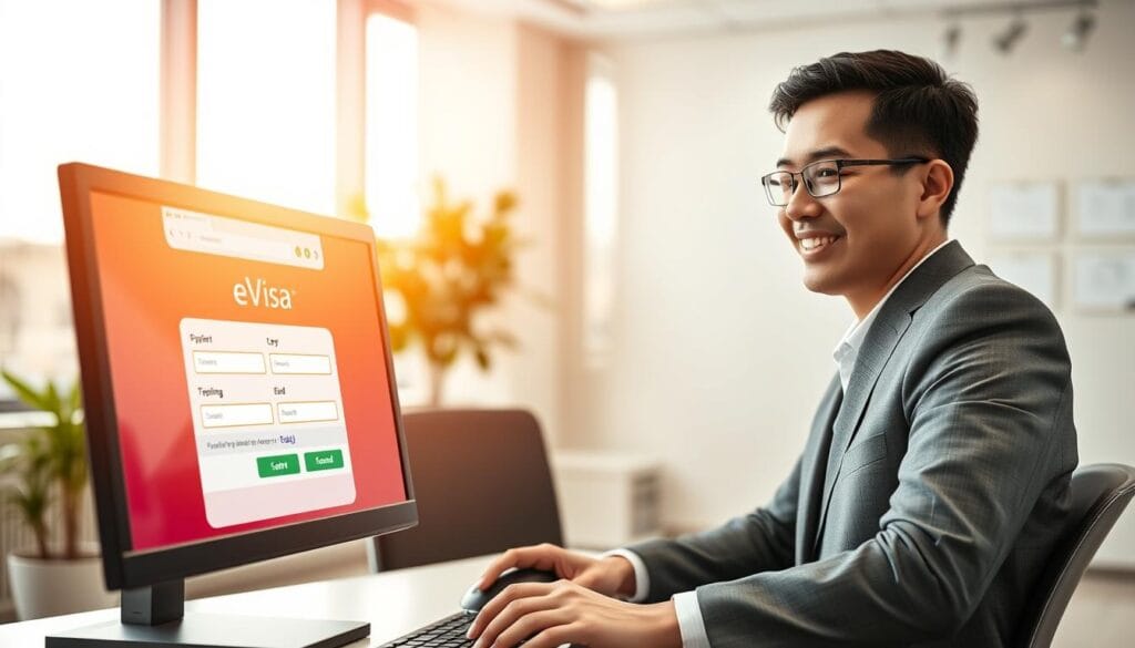 A professional-looking office environment featuring an individual in modest business attire sitting at a desk, engaged in the process of submitting an online application for an eVisa. The foreground shows a close-up of a computer screen displaying a user-friendly application form, with vibrant colors to evoke a sense of technological accessibility. The middle ground captures the individual, focused and using a mouse, with a slight smile indicating satisfaction. In the background, a soft-focus image of a modern office setting with a plant and a window revealing a bright, sunny day. The lighting is warm and inviting, suggesting a productive atmosphere. The branding "jawazsafary" is subtly incorporated into the design of the application form. The overall mood is professional yet approachable, reflecting the ease of the online application process for travelers.