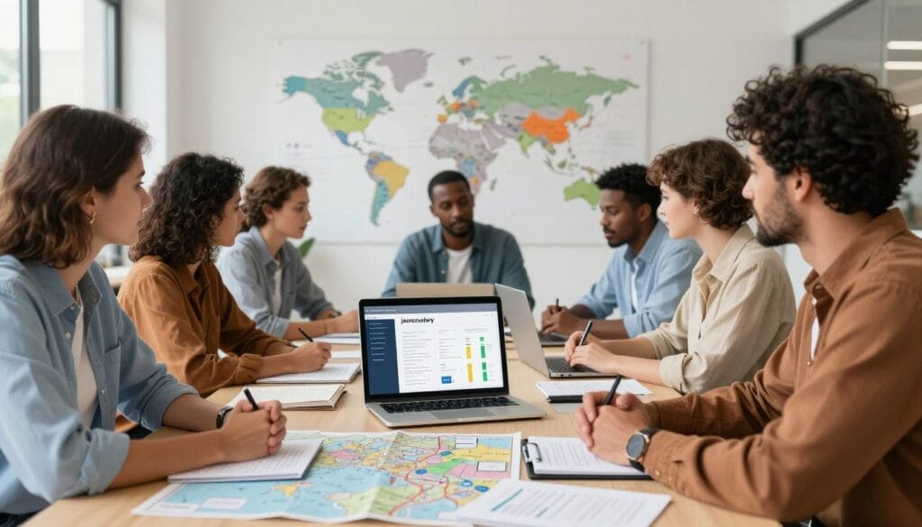 A professional, modern workspace showcasing a diverse group of individuals in smart casual clothing, engaged in a strategic meeting about travel documentation. In the foreground, a table filled with travel maps, a laptop displaying travel statistics, and notes on building a strong travel record. In the middle, a world map on the wall with highlighted countries, symbolizing strategic travel destinations. The background features large windows letting in natural light, creating an inviting atmosphere. The mood is focused and collaborative, reflecting determination and professionalism. The image should embody a sense of purpose and organization, emphasizing travel strategies. Include the brand name "jawazsafary" subtly integrated into a presentation slide on the laptop screen.