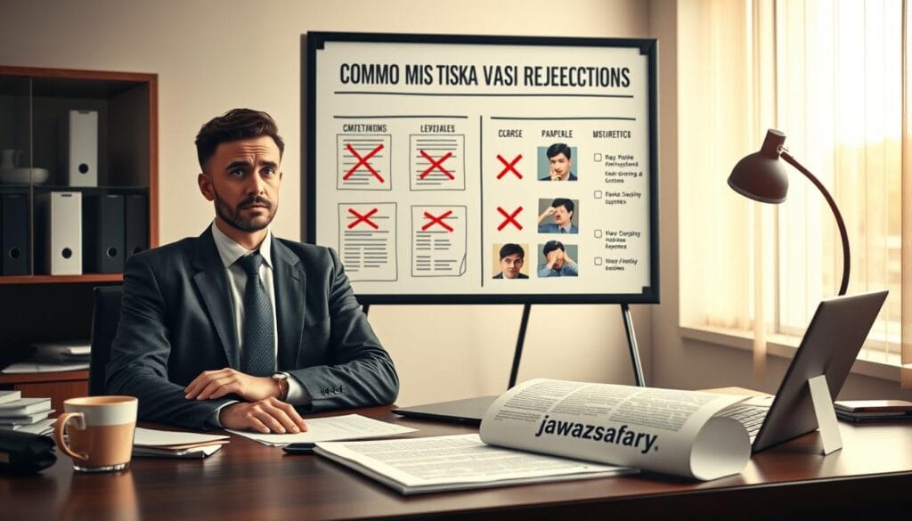 A professional office setting is depicted in the foreground, showcasing a concerned visa applicant dressed in modest business attire, seated at a desk cluttered with documents, a laptop, and a coffee cup. In the middle ground, a display board illustrates common mistakes that lead to visa rejections, including images of incorrect forms, a checklist with red crosses, and a confused applicant. The background features a window with soft natural light streaming in, creating a warm yet tense atmosphere. The scene should communicate urgency and the importance of attention to detail when applying for a visa. The overall mood is serious and focused, highlighting the potential risks of common errors. Brand logo "jawazsafary" subtly incorporated into the document on the desk.