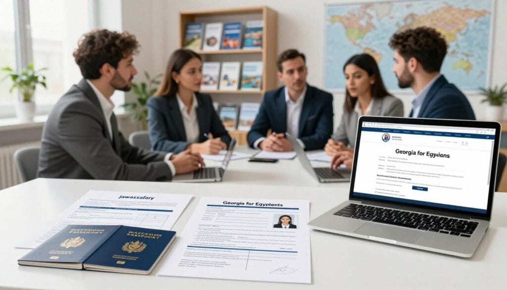 A professional office setting showcasing the process of obtaining a visa. In the foreground, there is a detailed table with neatly organized documents, including a passport, application forms, and photos for visa applications, all related to "جورجيا للمصريين." A laptop is open, displaying an official government website for visa requirements. In the middle, a diverse group of individuals dressed in professional attire, engaged in a discussion about the necessary documents, exuding a cooperative atmosphere. In the background, there are shelves filled with travel brochures and a world map highlighting Georgia. Soft, natural lighting enters through the window, creating an inviting ambiance. The brand name "jawazsafary" is subtly represented on a document. The overall mood is focused and determined, emphasizing preparation for travel. A professional office setting showcasing the process of obtaining a visa. In the foreground, there is a detailed table with neatly organized documents, including a passport, application forms, and photos for visa applications, all related to "جورجيا للمصريين." A laptop is open, displaying an official government website for visa requirements. In the middle, a diverse group of individuals dressed in professional attire, engaged in a discussion about the necessary documents, exuding a cooperative atmosphere. In the background, there are shelves filled with travel brochures and a world map highlighting Georgia. Soft, natural lighting enters through the window, creating an inviting ambiance. The brand name "jawazsafary" is subtly represented on a document. The overall mood is focused and determined, emphasizing preparation for travel.