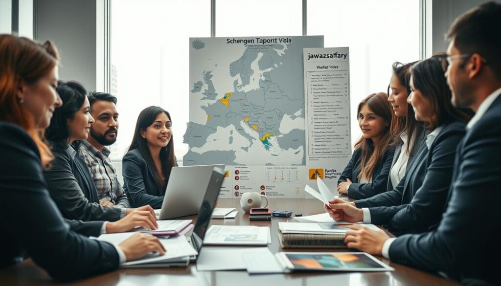 A professional, organized workspace highlighting the concept of "التخطيط المسبق لتأشيرة شنغن". In the foreground, a diverse group of individuals in business attire, focused on discussing travel plans, surrounded by a laptop, documents, and a calendar marked with important dates. In the middle ground, a large map of Europe with countries highlighted that require a Schengen visa, accompanied by a checklist and travel brochures from VFS/TLS. The background features a modern office with soft, natural lighting, creating a focused and productive atmosphere. Shot from a slightly elevated angle to capture the team’s engagement and the detailed resources. The overall mood is professional and meticulous, signifying the importance of pre-planning for Schengen appointments. Add the brand name "jawazsafary" artistically integrated into the scene, without any text overlays.