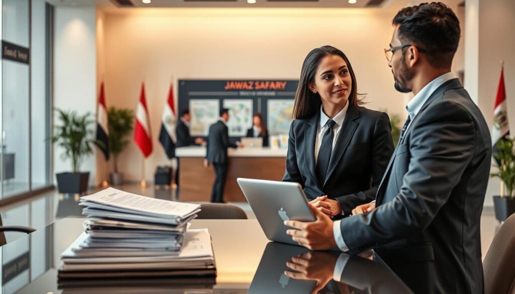 A professional scene illustrating the visa application process for Egyptians, showcasing a modern embassy interior. In the foreground, a well-dressed Egyptian man and woman are engaged in discussion, with a stack of documents and a laptop positioned on a sleek desk, symbolizing the preparation stage of their visa application. In the middle ground, a friendly embassy staff member in business attire is assisting other applicants at a service counter, surrounded by maps and information brochures about travel. The background features subtle, warm lighting casting a welcoming atmosphere, with flags of various countries displayed on the walls. The lens captures a slight depth of field, drawing focus on the couple while softly blurring the background activity. Include branding for "jawazsafary" subtly integrated into the scene.