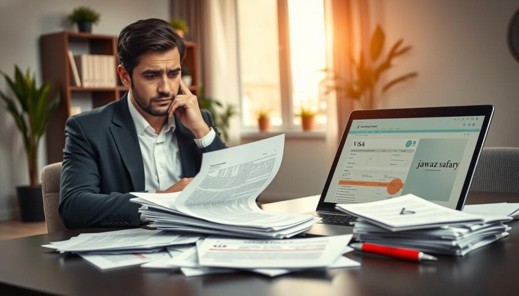A professional setting illustrating common visa application mistakes leading to rejections. In the foreground, a concerned individual, dressed in smart business attire, reviews a pile of documents with a worried expression. The middle layer features an open laptop displaying an online application form. Scattered on the table are visa rejection letters, a red pen, and highlighted documents indicating errors. The background depicts a modern office with a blurred bookshelf and potted plants, enhancing the atmosphere of professionalism and seriousness. Soft, diffused lighting from a nearby window creates a contemplative mood, reflecting the emotional weight of visa application challenges. The overall color scheme should be muted yet captivating, emphasizing the importance of attention to detail in the visa process. Include the brand name "jawazsafary" subtly in the scene, ensuring it blends well without being the focal point.