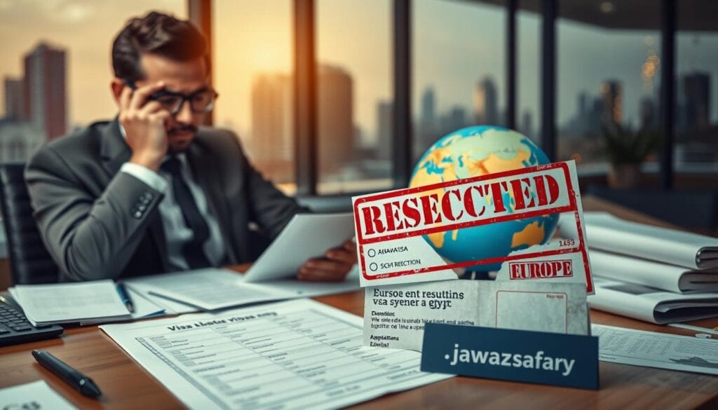 A professional setting illustrating the concept of visa rejection errors, focusing on a visually impactful composition. In the foreground, a worried applicant in formal attire is seated at a desk, reviewing a rejected visa application with a red stamp prominently displayed. In the middle ground, scattered paperwork includes checklists and a globe highlighting Europe and Egypt, symbolizing the journey for a Schengen visa. The background features a soft-focus office environment, with a large window revealing an urban skyline, emphasizing the theme of aspiration. Warm, soft lighting enhances the mood of contemplation and concern. The brand name "jawazsafary" should be subtly integrated into the scene, perhaps on a pamphlet or business card on the desk. A professional setting illustrating the concept of visa rejection errors, focusing on a visually impactful composition. In the foreground, a worried applicant in formal attire is seated at a desk, reviewing a rejected visa application with a red stamp prominently displayed. In the middle ground, scattered paperwork includes checklists and a globe highlighting Europe and Egypt, symbolizing the journey for a Schengen visa. The background features a soft-focus office environment, with a large window revealing an urban skyline, emphasizing the theme of aspiration. Warm, soft lighting enhances the mood of contemplation and concern. The brand name "jawazsafary" should be subtly integrated into the scene, perhaps on a pamphlet or business card on the desk.