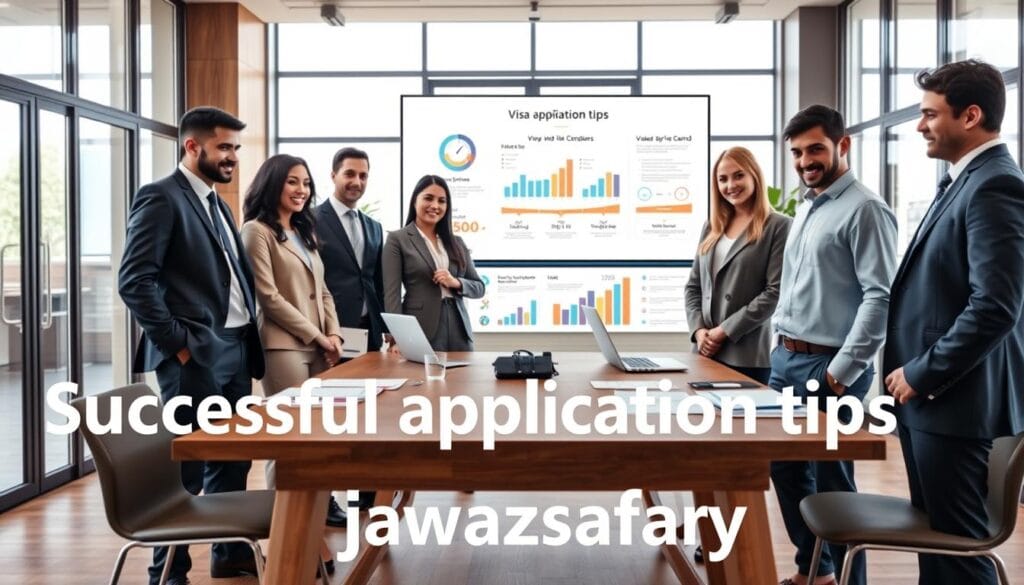 A professional setting showcasing "نصائح التقديم الناجح" for visa applications. In the foreground, a well-dressed diverse group of individuals, including men and women in business attire, gathered around a stylish wooden table covered with documents and a laptop displaying relevant information. In the middle ground, elegant charts and infographics related to visa processes displayed on a screen, symbolizing guidance and success. The background features a bright, modern office with large windows allowing natural light to flow in, creating a warm and inviting atmosphere. The mood should feel optimistic and professional, suggesting a successful application process. Include the brand name "jawazsafary" subtly integrated into the design elements, ensuring no text or overlays in the image. A professional setting showcasing "نصائح التقديم الناجح" for visa applications. In the foreground, a well-dressed diverse group of individuals, including men and women in business attire, gathered around a stylish wooden table covered with documents and a laptop displaying relevant information. In the middle ground, elegant charts and infographics related to visa processes displayed on a screen, symbolizing guidance and success. The background features a bright, modern office with large windows allowing natural light to flow in, creating a warm and inviting atmosphere. The mood should feel optimistic and professional, suggesting a successful application process. Include the brand name "jawazsafary" subtly integrated into the design elements, ensuring no text or overlays in the image.