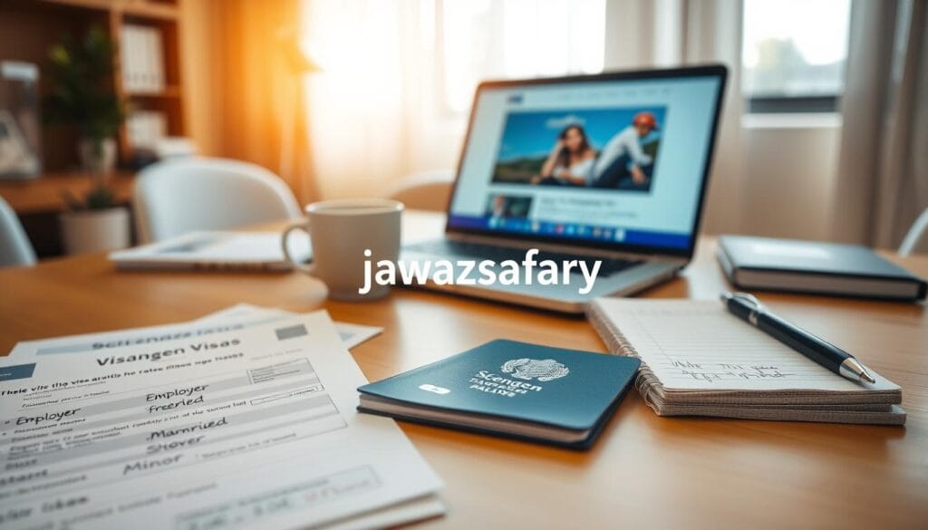 A professional workspace featuring a neatly arranged desk with essential documents for a Schengen visa application. In the foreground, a close-up of official visa application forms, a passport, and additional documents categorized by applicant status: employee, freelancer, student, married, and minor. The middle ground includes a laptop displaying a relevant immigration website, surrounded by a cup of coffee and a notepad with handwritten notes. In the background, a well-lit office setting with soft natural light filtering through a nearby window, enhancing a calm and focused atmosphere. The color palette is warm and inviting, emphasizing professionalism and organization. The branding "jawazsafary" is subtly placed within the scene, reflecting a commitment to travel readiness.