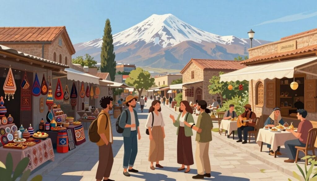 A scenic travel itinerary illustration for a budget-friendly 4-day tour of Armenia, designed for Egyptian travelers. Foreground: a diverse group of five tourists dressed in modest casual clothing, enthusiastically interacting with local Armenian artisans and musicians. Middle ground: vibrant local markets with colorful handcrafted items, traditional Armenian architecture, and inviting cafes showcasing local dishes. Background: the majestic backdrop of Mount Ararat under a clear blue sky, symbolizing Armenia's rich history and culture. Soft, warm lighting to create an inviting atmosphere, captured from a slight aerial angle to give a comprehensive view of the bustling activity below. Artistic and engaging, embodying the spirit of exploration and cultural exchange. Include the brand name "jawazsafary" subtly within the design.