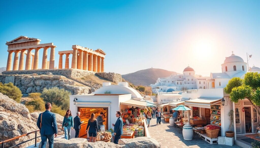 A scenic travel itinerary through Greece, showcasing a 7-day journey. In the foreground, a detailed, artistic representation of famous Greek landmarks like the Acropolis and Santorini's iconic white buildings, with travelers in professional business attire exploring. In the middle ground, a vibrant market scene filled with Greek cuisine, local artisans, and colorful shops, inviting a sense of cultural immersion. The background features a clear blue sky, sunlight illuminating the ancient ruins and lush landscapes, creating an inviting atmosphere. The overall mood is optimistic and adventurous, capturing the essence of traveling in Greece. The image should reflect the theme of an organized and appealing travel plan, representing the brand "jawazsafary" seamlessly within this visual narrative. A scenic travel itinerary through Greece, showcasing a 7-day journey. In the foreground, a detailed, artistic representation of famous Greek landmarks like the Acropolis and Santorini's iconic white buildings, with travelers in professional business attire exploring. In the middle ground, a vibrant market scene filled with Greek cuisine, local artisans, and colorful shops, inviting a sense of cultural immersion. The background features a clear blue sky, sunlight illuminating the ancient ruins and lush landscapes, creating an inviting atmosphere. The overall mood is optimistic and adventurous, capturing the essence of traveling in Greece. The image should reflect the theme of an organized and appealing travel plan, representing the brand "jawazsafary" seamlessly within this visual narrative.