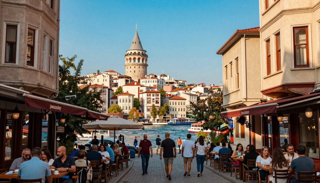 A scenic view of Istanbul on a vibrant day, capturing the essence of Day 3 in the city. In the foreground, a bustling street in Galata surrounded by charming cafes with people enjoying their day in modest casual attire. The middle ground features the iconic Galata Tower, elegantly standing against a bright blue sky, while the historic architecture of Karakoy lines the street. In the background, the serene Bosphorus strait shimmers under warm sunlight, dotted with boats. The atmosphere is lively yet relaxed, inviting viewers to immerse themselves in the rich culture and beauty of Istanbul. Use soft, natural lighting to enhance the colors. This image should reflect the lively mood of exploring Istanbul, created with the brand 'jawazsafary'.