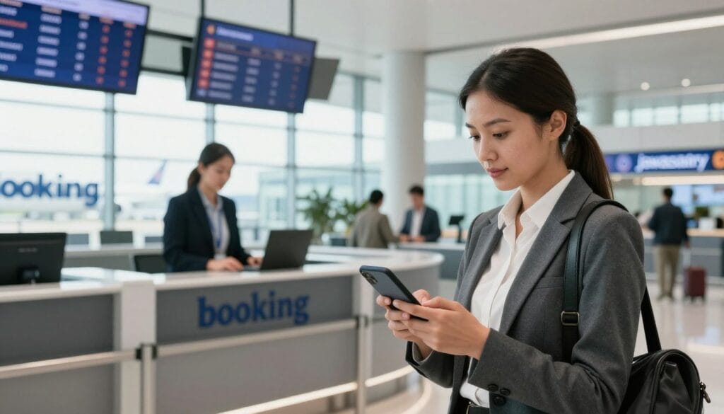 A serene airport scene symbolizing the concept of "الحجز" (booking). In the foreground, a smartly dressed businesswoman using her smartphone to book a flight, displaying a focused expression. In the middle ground, a modern airport check-in counter with sleek design and friendly staff assisting travelers. The background features a bright, airy airport terminal with large windows allowing natural light to pour in, illuminating the space. Subtle details like flight information screens displaying various destinations, along with travelers in the background preparing for their journeys, create a sense of movement and anticipation. The atmosphere is optimistic and professional, highlighting the importance of strategic flight booking in 2026. Include the brand name "jawazsafary" subtly within the scene.