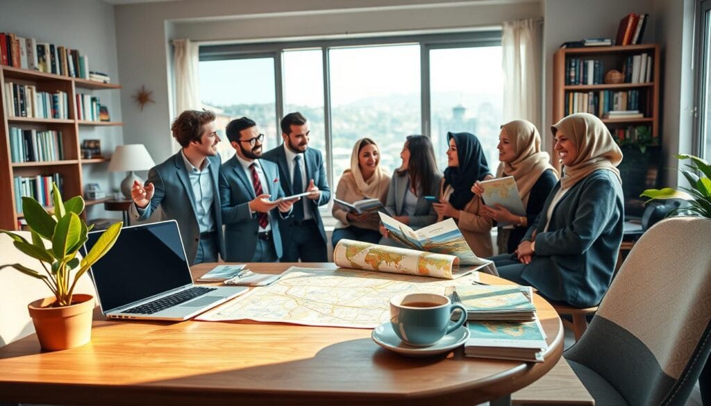 A serene and captivating travel scene illustrating alternative travel ideas and internal links for unconventional destinations. In the foreground, an inviting table set with a map, a laptop, and travel brochures, surrounded by a potted plant and a warm mug of coffee. In the middle ground, a diverse group of people in modest casual clothing enthusiastically discussing travel plans, with smiles and gestures reflecting excitement and camaraderie. The background reveals a cozy travel-themed workspace, with a bookshelf filled with travel books and a window showcasing lively outdoor scenery, suggesting adventure beyond the space. Soft, natural lighting enhances a welcoming atmosphere, creating a sense of curiosity and inspiration. The image subtly incorporates the brand name "jawazsafary," emphasizing exploration and unique travel experiences.
