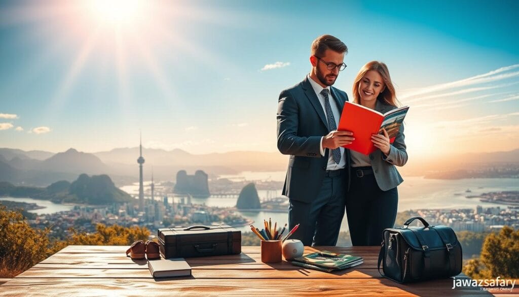 A serene and inviting travel destination scene representing "Rules for Choosing a Travel Destination." In the foreground, a stylish, well-dressed couple (in professional attire) is examining a travel brochure while standing near a rustic wooden table adorned with travel essentials. The middle ground features iconic landmarks and diverse landscapes, showcasing a blend of mountains, beaches, and urban elements under a bright, sunny sky. The background is a picturesque horizon, hinting at various travel options. Soft, warm lighting creates an uplifting and optimistic atmosphere. The overall mood is inspiring and aspirational, encouraging viewers to explore travel choices. Incorporate the brand name "jawazsafary" subtly into the scene, ensuring no text or overlays disrupt the visual harmony.