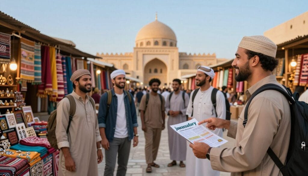 A serene, budget-friendly scene depicting "العمرة الاقتصادية" with a focus on a diverse group of travelers dressed in modest casual clothing, exploring an Arabian market filled with vibrant fabrics and traditional crafts. In the foreground, a friendly travel guide points towards a travel itinerary, showcasing an affordable 7-day package by "jawazsafary." The middle ground features bustling stalls with colorful merchandise, while the background reveals iconic Islamic architecture illuminated by soft, warm lighting to evoke a sense of spirituality and exploration. Capture the joyful atmosphere of exploration and cultural immersion, with clear blue skies and gentle sunlight casting a pleasing glow over the scene to reflect the excitement of an economical pilgrimage. A serene, budget-friendly scene depicting "العمرة الاقتصادية" with a focus on a diverse group of travelers dressed in modest casual clothing, exploring an Arabian market filled with vibrant fabrics and traditional crafts. In the foreground, a friendly travel guide points towards a travel itinerary, showcasing an affordable 7-day package by "jawazsafary." The middle ground features bustling stalls with colorful merchandise, while the background reveals iconic Islamic architecture illuminated by soft, warm lighting to evoke a sense of spirituality and exploration. Capture the joyful atmosphere of exploration and cultural immersion, with clear blue skies and gentle sunlight casting a pleasing glow over the scene to reflect the excitement of an economical pilgrimage.