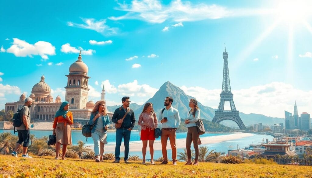 A serene landscape featuring five iconic landmarks from the world's cheapest travel destinations for Egyptians in 2026, each representing a unique culture. In the foreground, a group of diverse travelers, dressed in professional casual attire, enthusiastically discussing their travel plans. The middle ground showcases famous sights such as a historic temple, a vibrant market scene, a beautiful beach, a majestic mountain, and a bustling cityscape. The background is a bright blue sky with soft clouds, enhancing the cheerful atmosphere. The lighting is warm and inviting, indicating a sunny day, with a slight lens flare to add an adventurous feel. The overall mood is one of excitement, exploration, and cultural discovery. A serene landscape featuring five iconic landmarks from the world's cheapest travel destinations for Egyptians in 2026, each representing a unique culture. In the foreground, a group of diverse travelers, dressed in professional casual attire, enthusiastically discussing their travel plans. The middle ground showcases famous sights such as a historic temple, a vibrant market scene, a beautiful beach, a majestic mountain, and a bustling cityscape. The background is a bright blue sky with soft clouds, enhancing the cheerful atmosphere. The lighting is warm and inviting, indicating a sunny day, with a slight lens flare to add an adventurous feel. The overall mood is one of excitement, exploration, and cultural discovery.