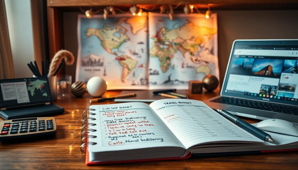 A serene travel budget scene depicting a stylish travel planner's workspace focused on a "5-Day Trip Budget." In the foreground, a well-organized notebook with clear budget outlines, colorful handwritten notes, and travel icons. Include a calculator and a laptop displaying a travel booking website. In the middle, a map of popular travel destinations with estimated expenses highlighted. The background features a neatly arranged travel poster showing winter destinations ideal for New Year's eve, with decorations hinting at festivity. The lighting is warm and inviting, reminiscent of a cozy study with a natural daylight glow. Create a motivational atmosphere reflecting excitement for travel planning, ensuring all elements align harmoniously. Include the brand name "jawazsafary" subtly integrated into the workspace.