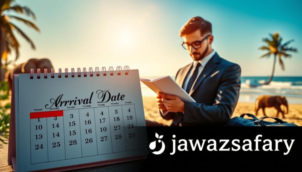 A serene travel scene depicting a calendar with highlighted dates for visa applications, surrounded by elements of Sri Lankan culture like elephants and palm trees. In the foreground, a neatly arranged calendar page displays the phrase "تاريخ الوصول" (Arrival Date) in elegant calligraphy, with a mystical aura. The middle ground features a professional-looking person in modest business attire, thoughtfully reviewing travel documents. The background reveals a warm, inviting beach setting in Sri Lanka, with gentle waves and a clear blue sky. Soft, golden sunlight casts a tranquil glow over the scene, creating an atmosphere of anticipation and adventure. The logo "jawazsafary" is subtly integrated into the design, enhancing the travel theme without distracting from the main elements.