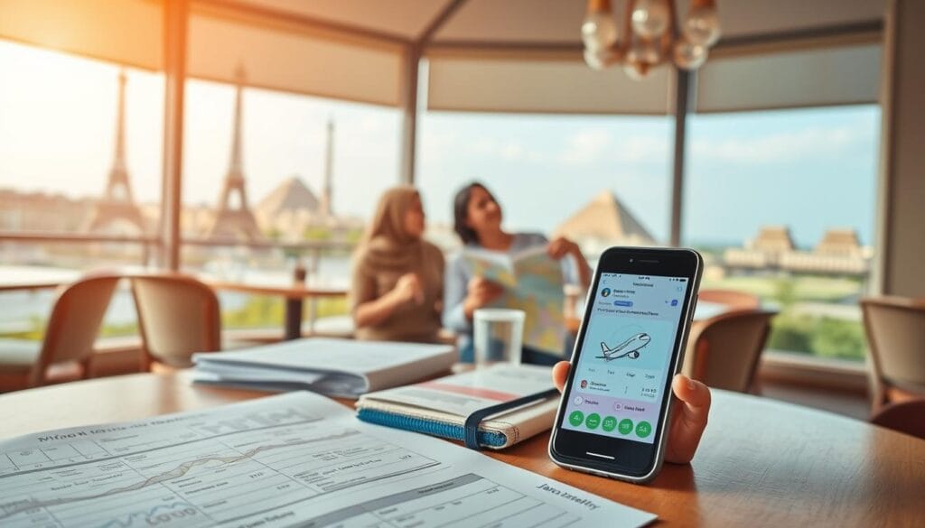 A serene travel scene depicting practical tips for reducing travel costs without sacrificing experience. In the foreground, a table is set with a detailed travel itinerary, budget planner, and a smartphone showing a flight comparison app, all of which convey careful planning. The middle ground features a cozy café with a couple (dressed in modest casual clothing) discussing their travel budget and sharing a map. In the background, a scenic view of famous landmarks from a popular travel destination, like the Eiffel Tower or pyramids, hints at exploration. Soft, natural lighting enhances the atmosphere, with warm tones creating an inviting feel. The composition captures a sense of excitement and resourcefulness in travel, perfect for illustrating smart travel tips. Incorporate the brand name "jawazsafary" subtly into the scene, maybe on the travel planner or smartphone screen.