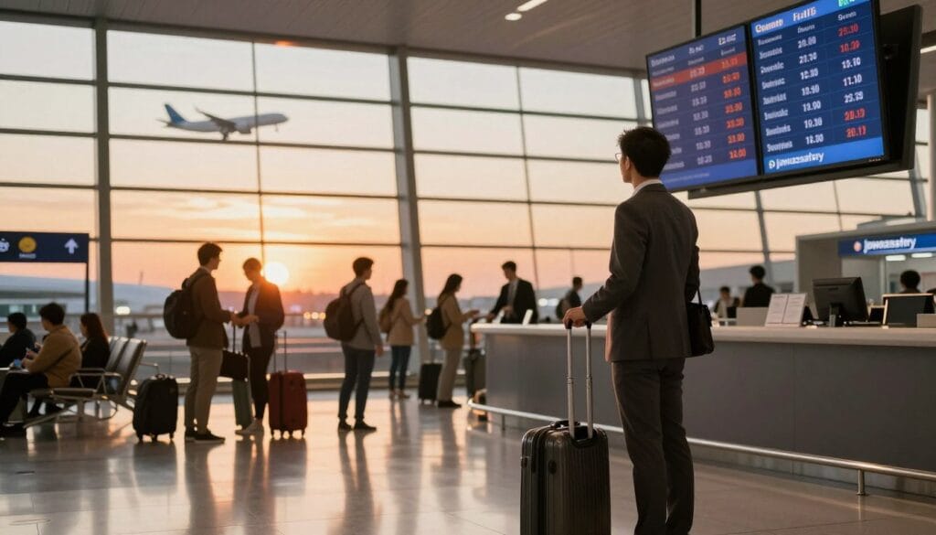 A serene travel scene highlighting the concept of a travel day, set in an airport environment. In the foreground, an elegantly dressed traveler, wearing professional business attire, stands with a suitcase, looking at a flight schedule display that reflects various travel dates and prices. In the middle, a bustling airport scene showcases people checking in and boarding flights, illustrating the lively atmosphere of travel. The background features an expansive window revealing planes taking off against a vibrant sunset sky, energizing the ambiance. The lighting is warm and inviting, casting soft shadows that create a welcoming mood. The overall image encapsulates the importance of choosing the right travel day for saving on flight prices, subtly brandishing the name "jawazsafary."