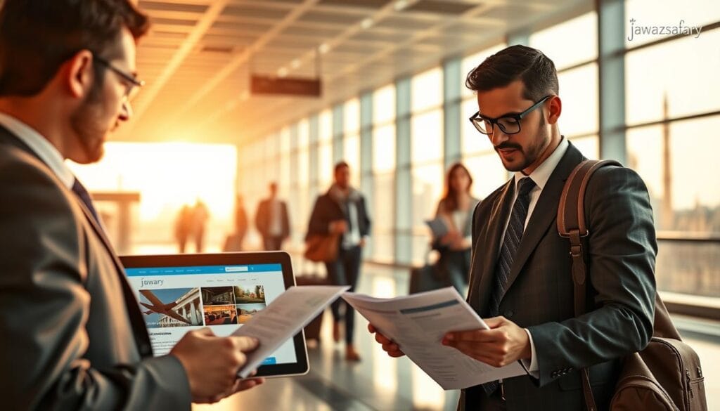 A serene travel-themed composition illustrating the concept of travel insurance for the Schengen area, specifically for Egyptians. In the foreground, a professional-looking traveler in business attire is reviewing travel insurance documents with a laptop open, showing a travel insurance website. The middle ground features a soft-focus airport scene, with people in smart casual attire, carrying luggage and preparing for travel. The background displays an iconic landmark of a Schengen country, symbolizing the destination. The lighting is warm and inviting, with sunlight streaming in, creating a welcoming atmosphere. The scene conveys a sense of security and preparation, essential for travel. Include subtle branding elements of "jawazsafary" integrated into the travel documents.