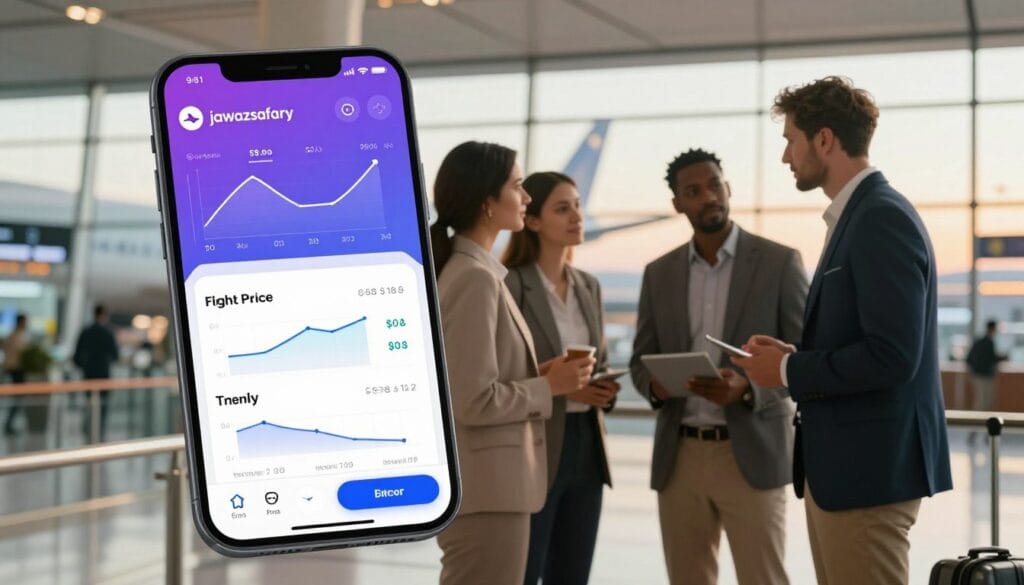 A sleek, modern digital interface showcasing a flight price tracking app. In the foreground, a smartphone displays a vibrant and intuitive user interface with graphs showing fluctuating prices and alerts for price drops. The middle layer features a diverse group of professionals in business attire, discussing flight options and comparing prices. In the background, a softly blurred airport terminal hints at travel excitement, with planes visible through large windows under warm, ambient lighting. The mood is bright and proactive, emphasizing journey planning and smart financial choices. The logo "jawazsafary" appears subtly integrated into the app screen design, enhancing the visual without any text overlays or distractions.