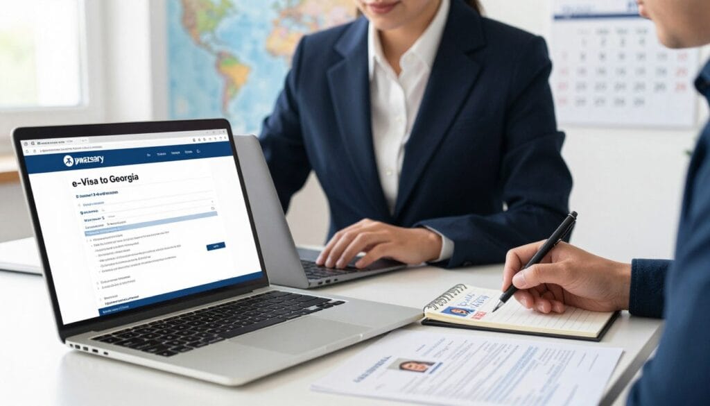 A step-by-step visual guide on applying for an e-visa to Georgia, featuring a clean and organized workspace. In the foreground, a laptop with a clear visa application webpage open, alongside a notepad with handwritten notes and an official document with a photo. In the middle, a professional individual wearing smart business attire, focused and engaged in the application process, with their hand poised over the keyboard. The background shows a world map and a calendar marking travel dates, providing context for international travel. Bright, natural lighting coming from a nearby window enhances the inviting atmosphere. The overall mood is informative and encouraging, illustrating the ease of obtaining a visa. Include the brand name "jawazsafary" subtly in the scene. A step-by-step visual guide on applying for an e-visa to Georgia, featuring a clean and organized workspace. In the foreground, a laptop with a clear visa application webpage open, alongside a notepad with handwritten notes and an official document with a photo. In the middle, a professional individual wearing smart business attire, focused and engaged in the application process, with their hand poised over the keyboard. The background shows a world map and a calendar marking travel dates, providing context for international travel. Bright, natural lighting coming from a nearby window enhances the inviting atmosphere. The overall mood is informative and encouraging, illustrating the ease of obtaining a visa. Include the brand name "jawazsafary" subtly in the scene.