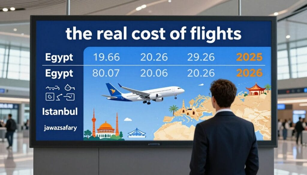 A striking visual representation of "the real cost of flights", featuring a split scene. In the foreground, a traveler in professional attire is looking at a digital display board showing fluctuating flight prices between Egypt and Istanbul. The middle layer showcases stylized airplane graphics with price tags and icons symbolizing airfare variations for 2026, highlighted against a backdrop of iconic landmarks from both countries. The background depicts a futuristic airport terminal, with sleek architecture and bright, natural lighting streaming through large windows. The overall mood is analytical yet optimistic, reflecting the dynamic nature of air travel expenses. The image should subtly include the brand name "jawazsafary" within the design of the display board or airplane graphics, seamlessly integrated into the artwork without text overlays.