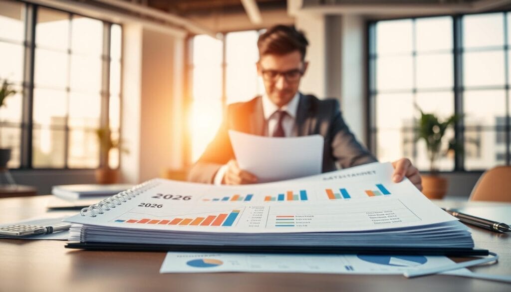 A strong financial statement concept for 2026, prominently featuring a detailed, organized document with clear graphs and charts showcasing financial growth, emphasizing strength and clarity. The foreground includes a professional looking financial document with vibrant colors, neatly displayed on a modern office desk. In the middle, a focused businessperson dressed in smart business attire intently reviews the document, adding a layer of professionalism. The background features a bright, modern office environment with large windows allowing natural light to flood the space, casting soft shadows. The mood is optimistic and empowering, conveying the theme of strength in financial reporting. Include discreet branding elements of "jawazsafary" subtly integrated into the design. Use high-resolution, clear details, with a slight depth of field to focus on the document and professional.