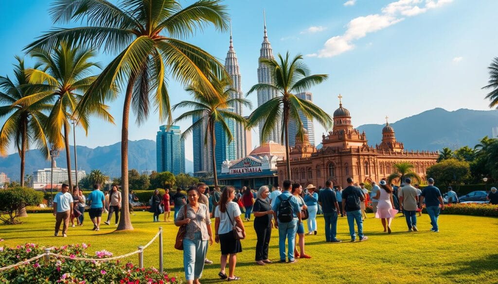 A stunning view of Malaysia as an ideal tourist destination, highlighting the vibrant blend of modern and traditional architecture. In the foreground, a lush green park with tropical flowers and tall palm trees, where a diverse group of tourists in modest casual clothing are enjoying the scenery. The middle ground features iconic landmarks such as the Petronas Towers and historical buildings, bathed in warm, golden sunlight, enhancing the inviting atmosphere. In the background, distant hills and a clear blue sky create a serene backdrop. The image should convey a sense of adventure and cultural richness, with natural lighting highlighting the beauty of the location. Use a wide-angle lens to capture the expansive landscape and vibrant colors. A stunning view of Malaysia as an ideal tourist destination, highlighting the vibrant blend of modern and traditional architecture. In the foreground, a lush green park with tropical flowers and tall palm trees, where a diverse group of tourists in modest casual clothing are enjoying the scenery. The middle ground features iconic landmarks such as the Petronas Towers and historical buildings, bathed in warm, golden sunlight, enhancing the inviting atmosphere. In the background, distant hills and a clear blue sky create a serene backdrop. The image should convey a sense of adventure and cultural richness, with natural lighting highlighting the beauty of the location. Use a wide-angle lens to capture the expansive landscape and vibrant colors.