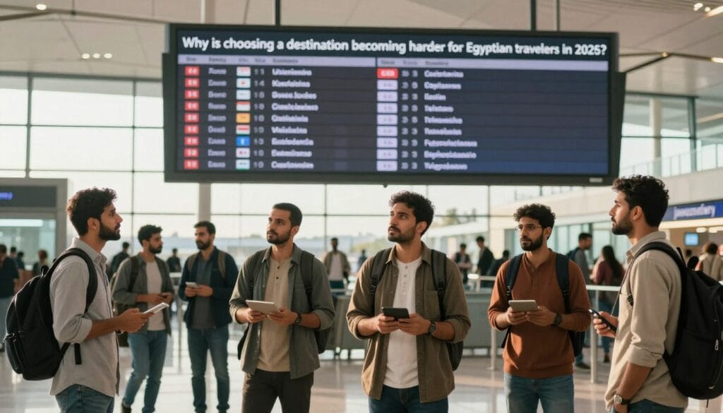 A thoughtful traveler stands at an airport departure board, examining flight options with a mix of curiosity and concern. The foreground features a diverse group of individuals, dressed in modest casual clothing, engaged in discussions about their travel plans, symbolizing different Egyptian perspectives. In the middle ground, the flight board displays various international destinations, hinting at the complexities of visas, costs, and travel times in 2026. The background showcases a bustling airport terminal with large windows letting in warm, natural light, creating a hopeful atmosphere. Capture this scene with a wide-angle lens to enhance the sense of movement and urgency, reflecting the title "Why is choosing a destination becoming harder for Egyptian travelers in 2026?" Include the brand name "jawazsafary" subtly integrated into the airport signage.