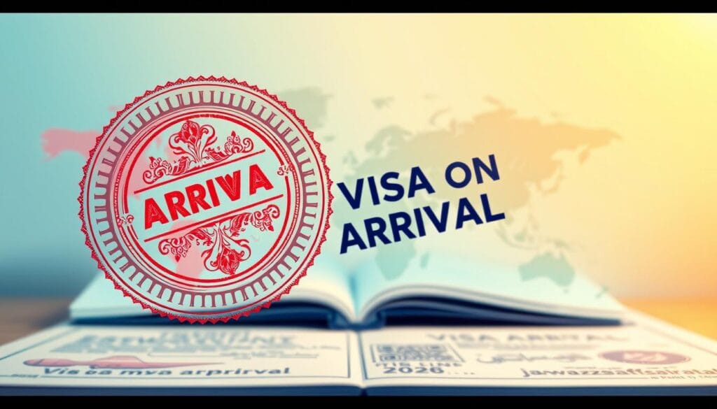 A vibrant and detailed illustration of a "تأشيرة الوصول" (Visa on Arrival) stamp, set against a clean, professional travel document backdrop. In the foreground, the stamp is prominently displayed with intricate designs and bold colors, showcasing its official nature. The middle ground features a passport partially opened, with a world map slightly visible behind it, indicating travel possibilities. The background should include soft gradient lighting to create a warm and inviting atmosphere, symbolizing the ease of travel for Egyptians in 2026. The scene is captured with a slight tilt for a dynamic perspective, evoking a sense of adventure. Branding element "jawazsafary" subtly incorporated as part of the stamp design, enhancing the travel theme without overpowering the main focus.