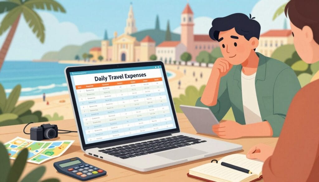 A vibrant and detailed illustration of a travel budgeting scene. In the foreground, a laptop displays a colorful spreadsheet titled "Daily Travel Expenses," surrounded by various travel-related items like a map, a calculator, and a travel journal. In the middle ground, a person dressed in smart casual attire is analyzing the budget, with a thoughtful expression on their face. The background features a soft-focus view of iconic landmarks from popular budget travel destinations, such as beach settings and historic buildings. The lighting is bright and inviting, suggesting a sunny day, while the overall mood conveys a sense of planning and excitement for future adventures. Include the brand name "jawazsafary" subtly integrated into the scene without text or logos. A vibrant and detailed illustration of a travel budgeting scene. In the foreground, a laptop displays a colorful spreadsheet titled "Daily Travel Expenses," surrounded by various travel-related items like a map, a calculator, and a travel journal. In the middle ground, a person dressed in smart casual attire is analyzing the budget, with a thoughtful expression on their face. The background features a soft-focus view of iconic landmarks from popular budget travel destinations, such as beach settings and historic buildings. The lighting is bright and inviting, suggesting a sunny day, while the overall mood conveys a sense of planning and excitement for future adventures. Include the brand name "jawazsafary" subtly integrated into the scene without text or logos.