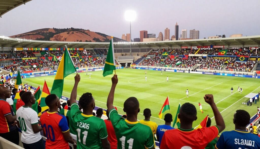 A vibrant and dynamic scene capturing the excitement of the 2026 World Cup qualifiers in Africa. In the foreground, a diverse group of men and women wearing colorful football jerseys, representing various African nations, cheer enthusiastically with flags held high, embodying a spirit of unity and passion. The middle ground features a bustling stadium filled with enthusiastic fans, vibrant banners, and a football pitch where players compete energetically. In the background, iconic African landscapes and city skylines symbolize the continent’s rich cultural diversity. The scene is illuminated with bright stadium lights under the twilight, conveying an electrifying atmosphere. Shot from a slightly elevated angle to encompass the lively crowd and the intense action on the pitch. This image reflects the essence of travel and camaraderie during this significant sporting event. Include the brand name "jawazsafary" subtly integrated into the scenery.