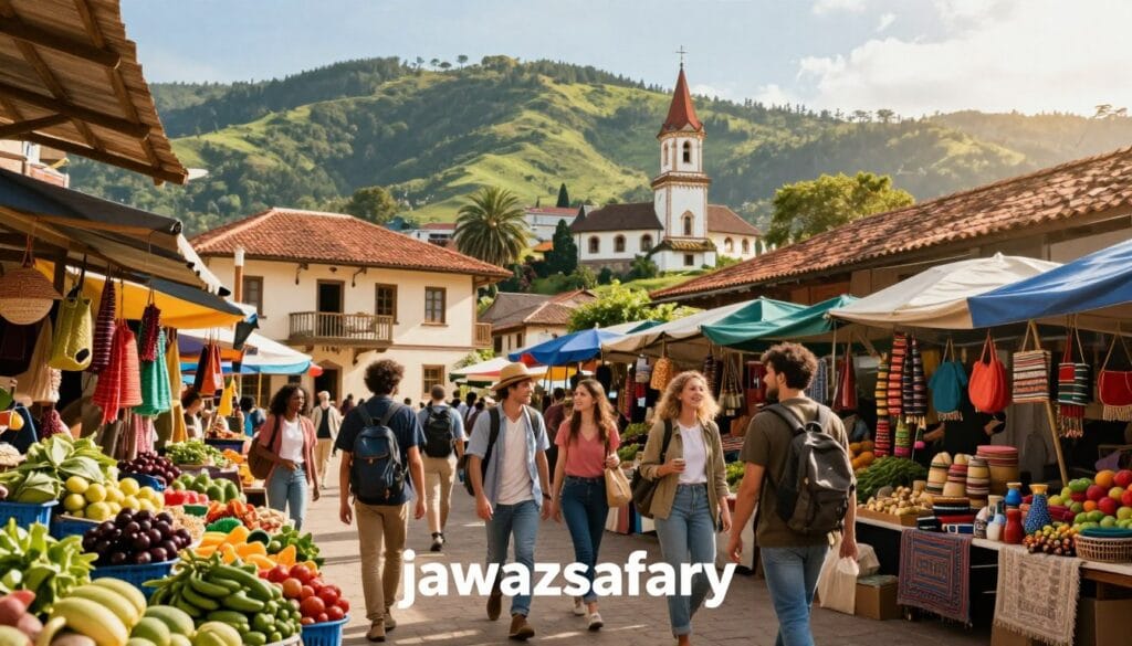 A vibrant and inviting scene showcasing a picturesque travel destination for budget-conscious travelers. In the foreground, a group of diverse travelers in modest casual clothing is joyfully exploring a colorful local market, surrounded by fresh produce and handmade crafts. The middle ground features charming, affordable accommodations and traditional architecture, imbued with warm sunlight that creates a welcoming atmosphere. In the background, lush green hills and iconic landmarks hint at cultural experiences waiting to be discovered. The setting conveys a sense of adventure and economic exploration. The overall mood is cheerful and inspiring, suggesting a journey filled with memorable experiences at a fraction of the cost. The setting prominently includes the logo of "jawazsafary," reflecting the essence of budget-friendly travel. A vibrant and inviting scene showcasing a picturesque travel destination for budget-conscious travelers. In the foreground, a group of diverse travelers in modest casual clothing is joyfully exploring a colorful local market, surrounded by fresh produce and handmade crafts. The middle ground features charming, affordable accommodations and traditional architecture, imbued with warm sunlight that creates a welcoming atmosphere. In the background, lush green hills and iconic landmarks hint at cultural experiences waiting to be discovered. The setting conveys a sense of adventure and economic exploration. The overall mood is cheerful and inspiring, suggesting a journey filled with memorable experiences at a fraction of the cost. The setting prominently includes the logo of "jawazsafary," reflecting the essence of budget-friendly travel.