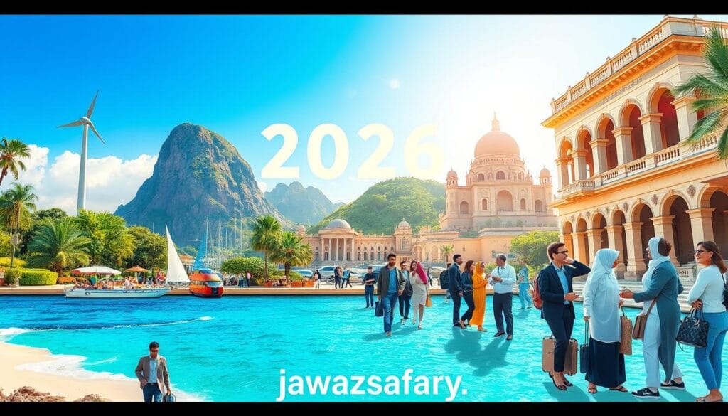 A vibrant and inviting travel destination scene showcasing popular, visa-free travel locations for Egyptians in 2026. In the foreground, include the iconic landmarks of each destination, such as a breathtaking beach, lush greenery, vibrant city streets, or historical architecture, with people dressed in professional business attire or modest casual clothing enjoying their experiences. The middle ground features a diverse group of travelers, representing various cultures, engaging in activities like sightseeing, dining, and exploring. The background is filled with a bright blue sky and sunlit landscapes to evoke a sense of adventure and freedom. The mood is lively yet relaxed, emphasizing ease and accessibility. The composition should resemble a high-resolution travel magazine cover, capturing the essence of wanderlust. Brand name displayed subtly: jawazsafary.