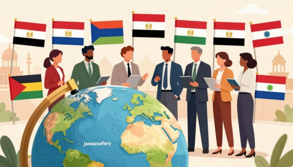 A vibrant and professional illustration depicting an array of diverse country flags symbolizing the best countries for Egyptians to establish a travel record before Schengen 2026. In the foreground, a detailed globe with highlighted countries brings focus, while in the middle ground, a group of diverse professionals in business attire discuss travel plans, emphasizing collaboration. The background features iconic landmarks from various countries, creating an inviting atmosphere. Soft, warm lighting enhances the mood, suggesting optimism and opportunity. The composition is captured with a balanced angle, ensuring clarity and appeal. This scene embodies the spirit of exploration and planning. The brand name "jawazsafary" subtly integrated within the design of the globe adds professionalism without distraction.