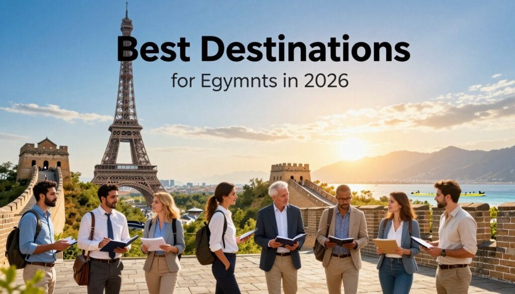 A vibrant and visually appealing travel scene representing "أفضل وجهات" for Egyptians in 2026. In the foreground, showcase a diverse group of travelers dressed in professional business attire or modest casual clothing, engaged in discussions about their travel plans. The middle grounds feature iconic landmarks from popular travel destinations, such as the Eiffel Tower, the Great Wall of China, and the beaches of Bali, symbolizing various types of journeys. The background is filled with a clear blue sky and a sun setting on the horizon, casting a warm golden light over the scene. Use a wide-angle lens to capture the breadth of the landscape, creating an inviting and adventurous atmosphere. The mood should be hopeful and inspiring, reflecting the excitement of choosing the perfect travel destination. Include the brand name "jawazsafary" subtly integrated into the scene.
