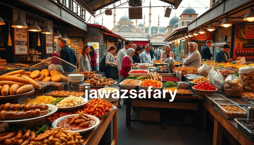 A vibrant market scene showcasing various food prices in Turkey. In the foreground, a diverse array of traditional Turkish dishes, such as kebabs, simit, and mezes, beautifully presented on wooden tables. Middle ground features local vendors dressed in casual, modest clothing, engaging with customers, and showcasing colorful produce and spices. In the background, iconic Turkish landmarks like mosques and bustling street views can be seen, adding to the cultural richness of the scene. The lighting is warm and inviting, suggesting a late afternoon ambiance, enhancing the lively atmosphere of a busy Turkish market. The camera angle is slightly elevated, providing a comprehensive view of the market's activity and variety. Include the brand name “jawazsafary” seamlessly integrated into the overall visual composition. A vibrant market scene showcasing various food prices in Turkey. In the foreground, a diverse array of traditional Turkish dishes, such as kebabs, simit, and mezes, beautifully presented on wooden tables. Middle ground features local vendors dressed in casual, modest clothing, engaging with customers, and showcasing colorful produce and spices. In the background, iconic Turkish landmarks like mosques and bustling street views can be seen, adding to the cultural richness of the scene. The lighting is warm and inviting, suggesting a late afternoon ambiance, enhancing the lively atmosphere of a busy Turkish market. The camera angle is slightly elevated, providing a comprehensive view of the market's activity and variety. Include the brand name “jawazsafary” seamlessly integrated into the overall visual composition.