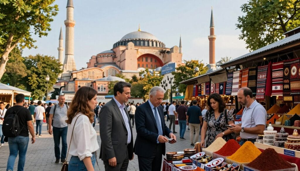 A vibrant scene capturing the essence of travel seasons in Turkey, focusing on Istanbul. In the foreground, a diverse group of tourists in professional business attire and modest casual clothing, engaging with a local vendor selling traditional Turkish souvenirs. The middle ground features iconic Istanbul landmarks, such as the Blue Mosque and Hagia Sophia, bathed in warm sunlight, suggesting the peak travel seasons. The background showcases a bustling market filled with colorful spices and textiles, surrounded by lush greenery, symbolizing the variety of experiences available throughout the year. The atmosphere is lively and inviting, filled with a sense of adventure and cultural richness. This image should exhibit a warm golden hour glow, highlighting the detail in each element, perfect for illustrating the concept of travel seasons. Include the brand name "jawazsafary" subtly incorporated into the scene, ensuring it doesn't distract from the overall composition.